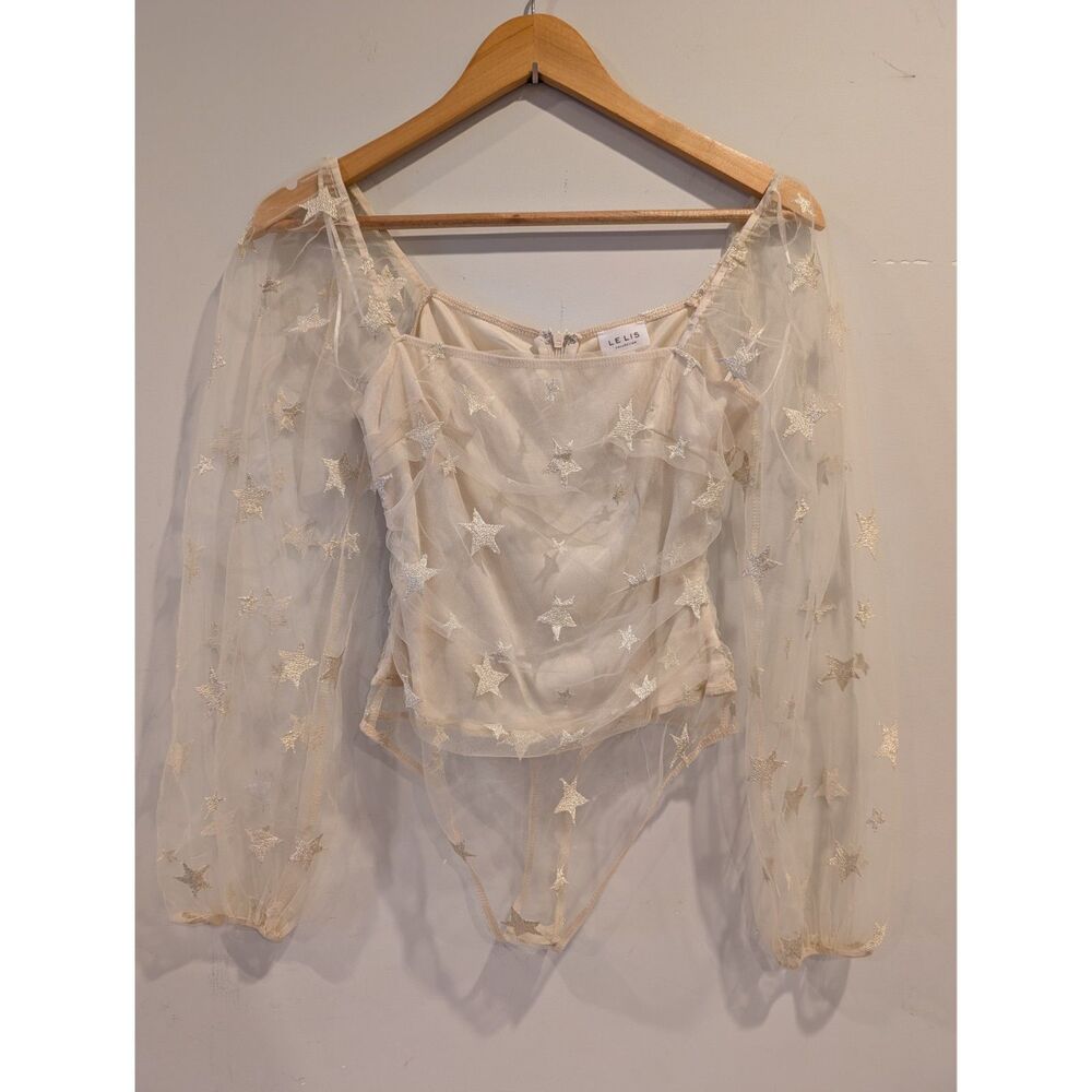 Le Lis Womens Sheer Star Body Suit Cream Shimmer Party Date Night LS S